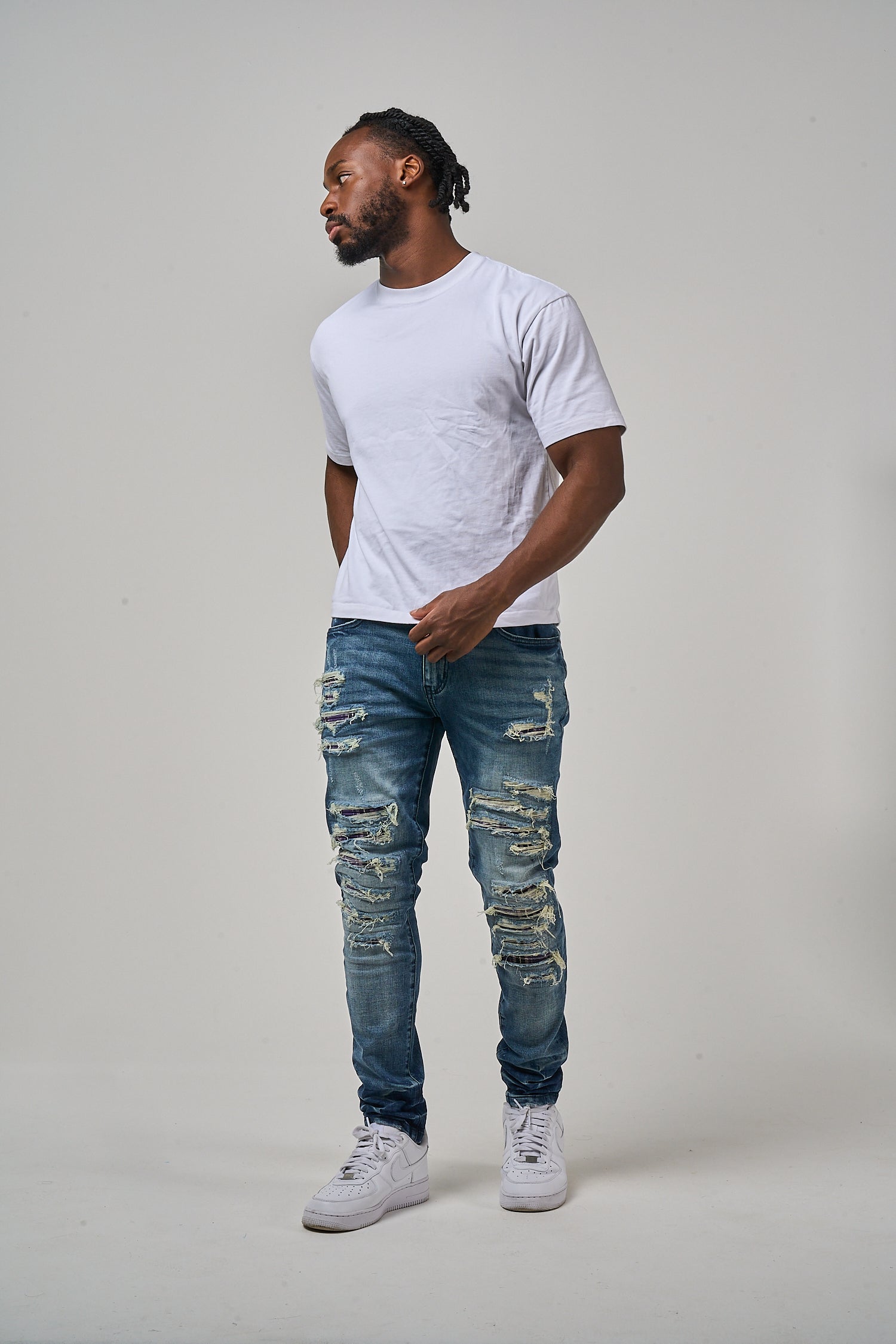 Jeans skinny mi-bleu déchirés lourds Belvedere