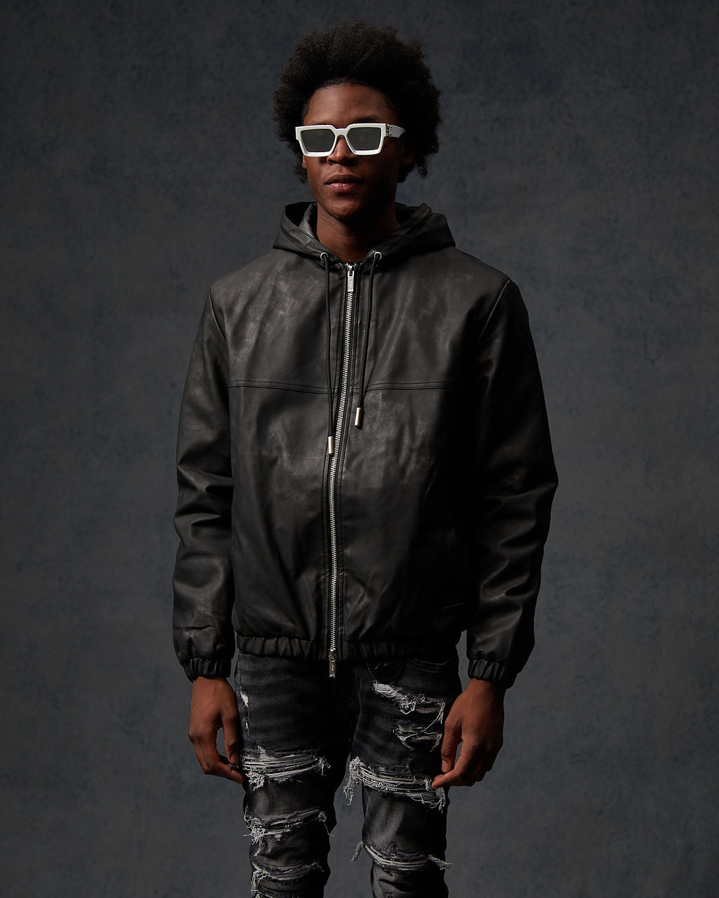 Rafel Leather Zip  Hoodie Black