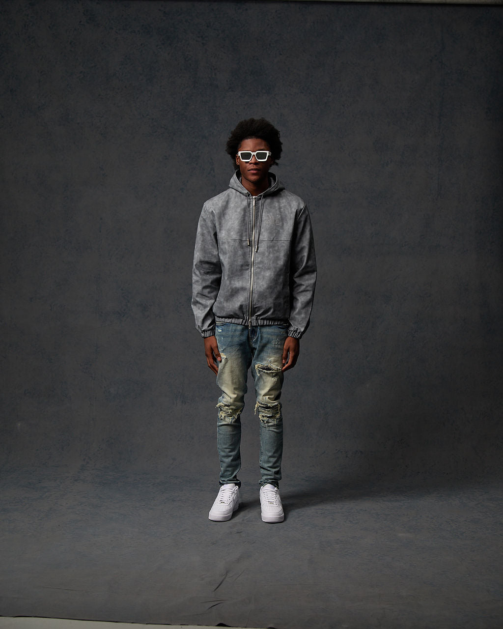 Rafel Leather Zip Hoodie Grey