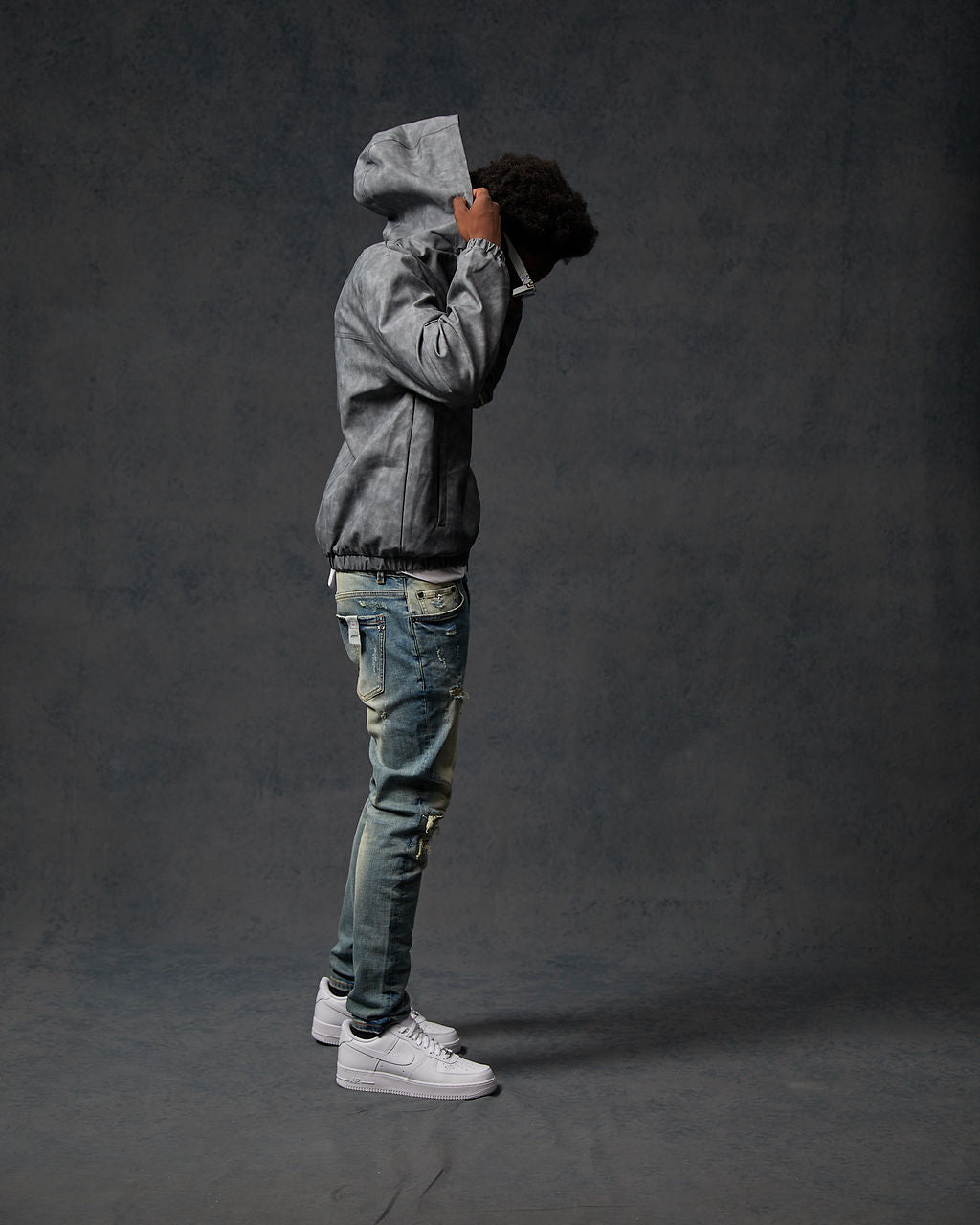 Rafel Leather Zip Hoodie Grey