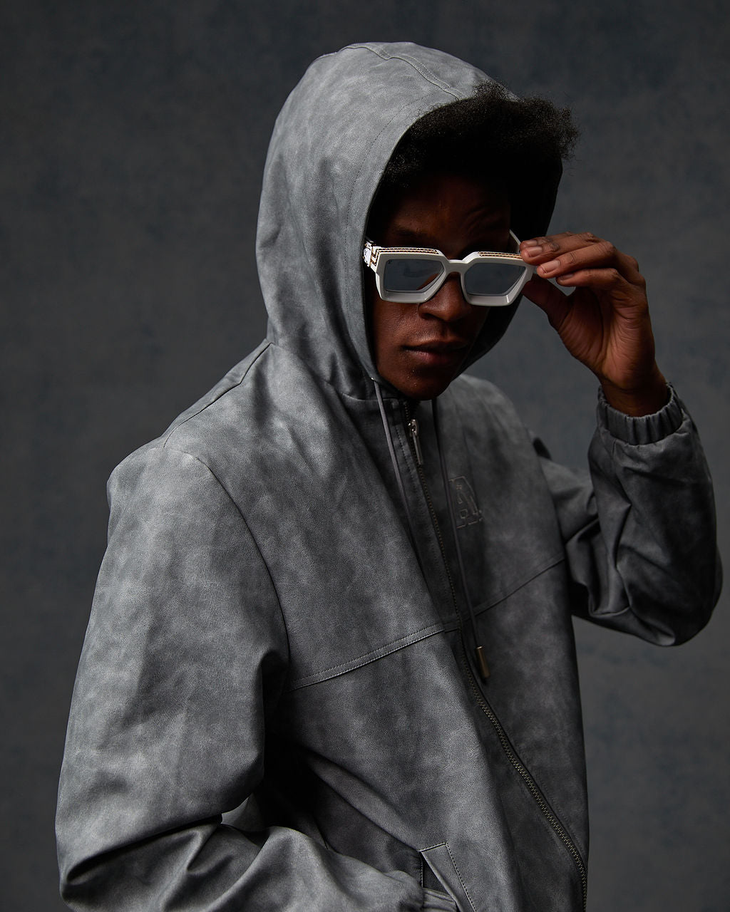 Rafel Leather Zip Hoodie Grey