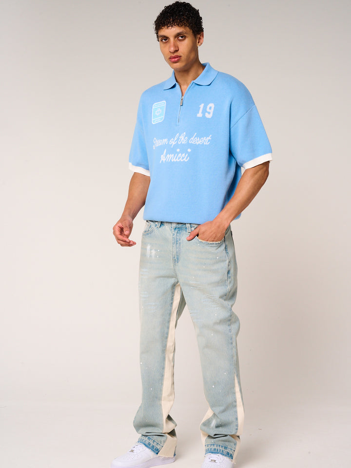 Reno Knitted Zip Polo Blue