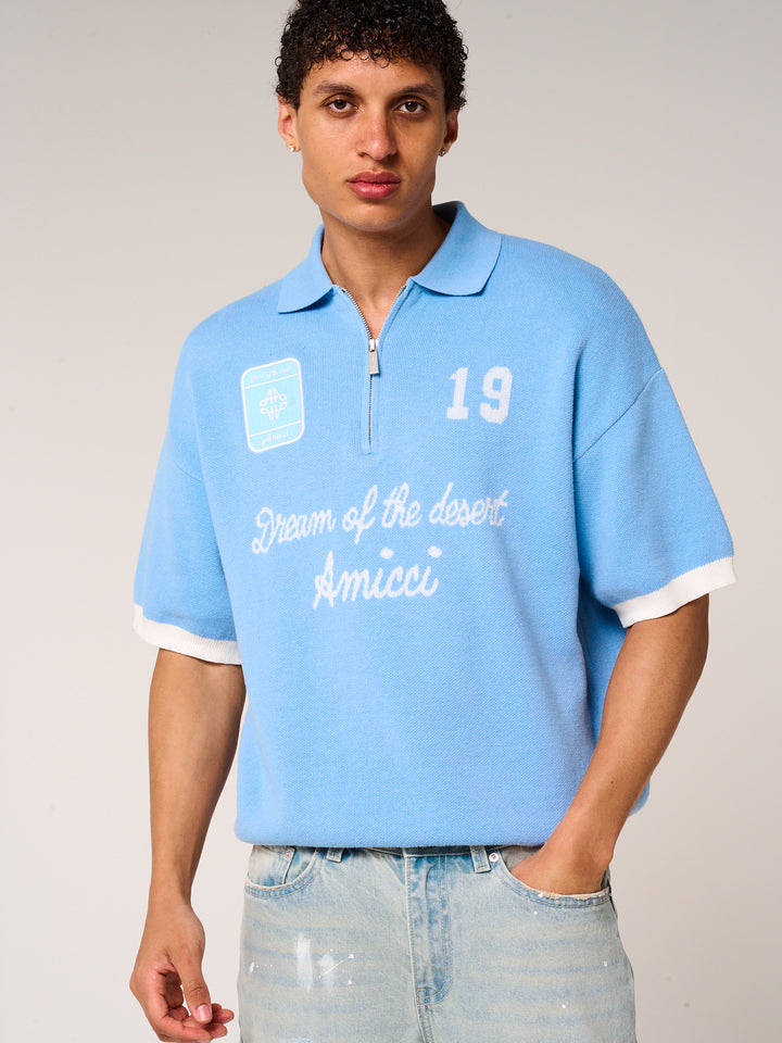 Reno Knitted Zip Polo Blue