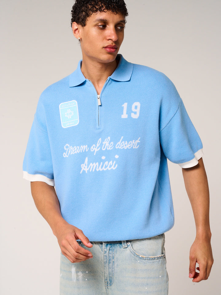 Reno Knitted Zip Polo Blue