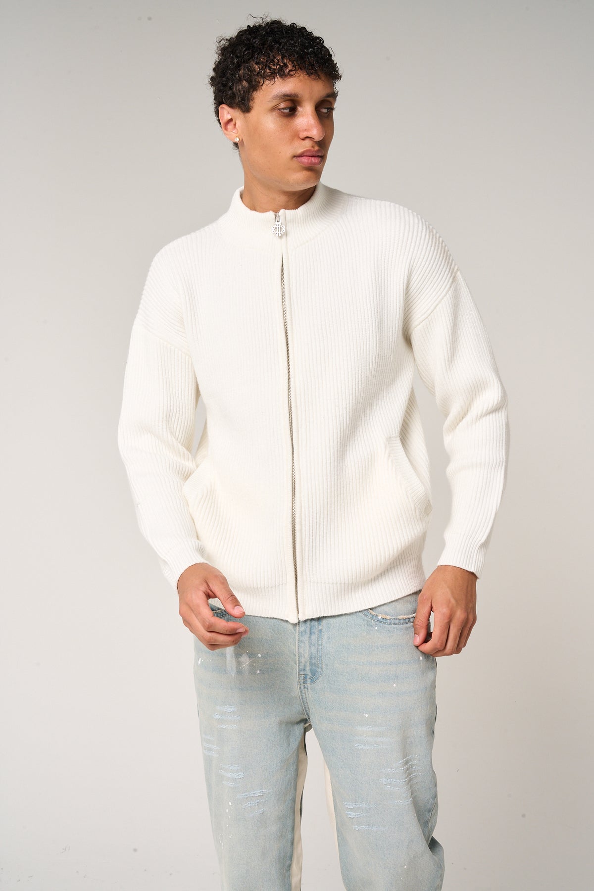 Mesa Ribbed Zip-Through Sweater White