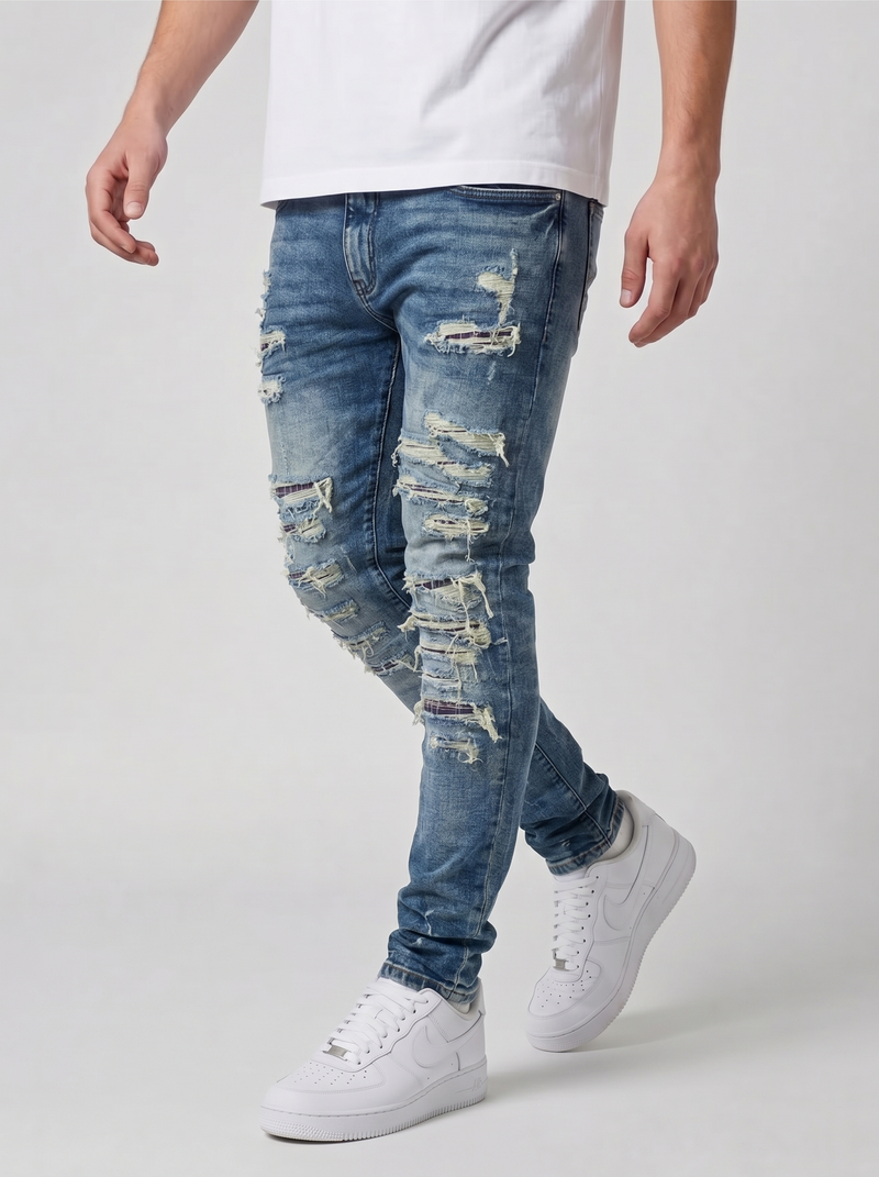 Jeans skinny mi-bleu déchirés lourds Belvedere