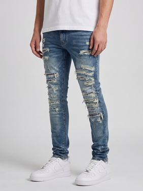 Jeans skinny mi-bleu déchirés lourds Belvedere