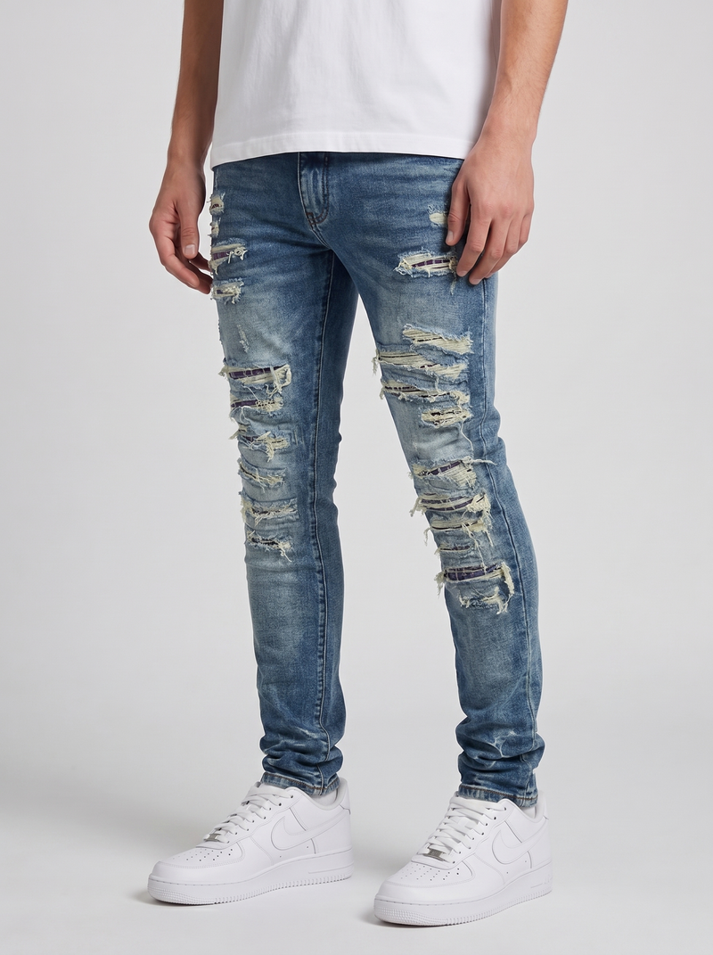 Jeans skinny mi-bleu déchirés lourds Belvedere