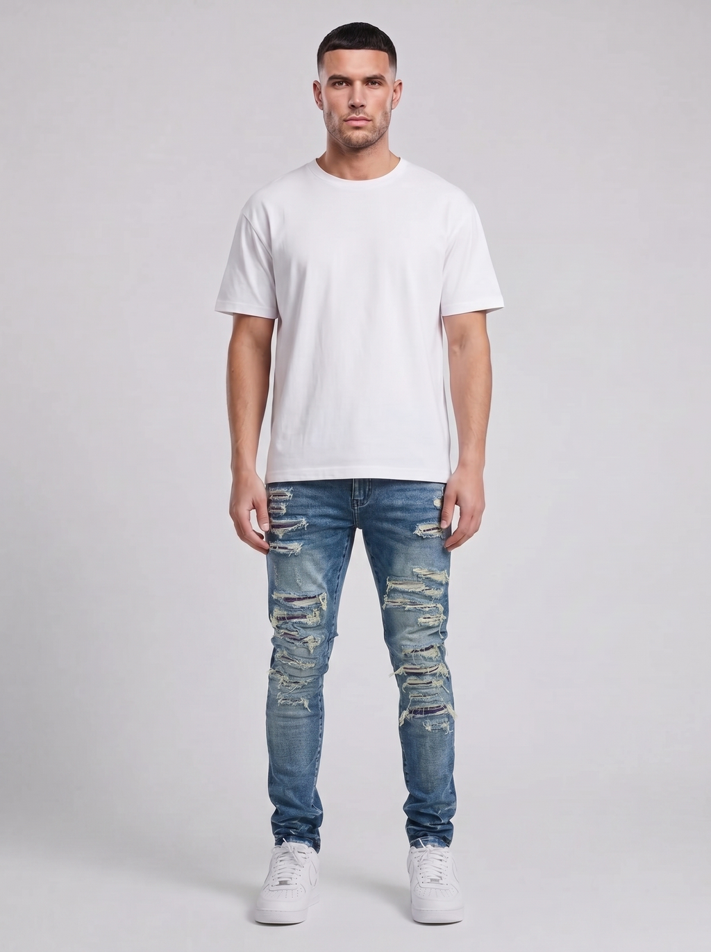 Jeans skinny mi-bleu déchirés lourds Belvedere