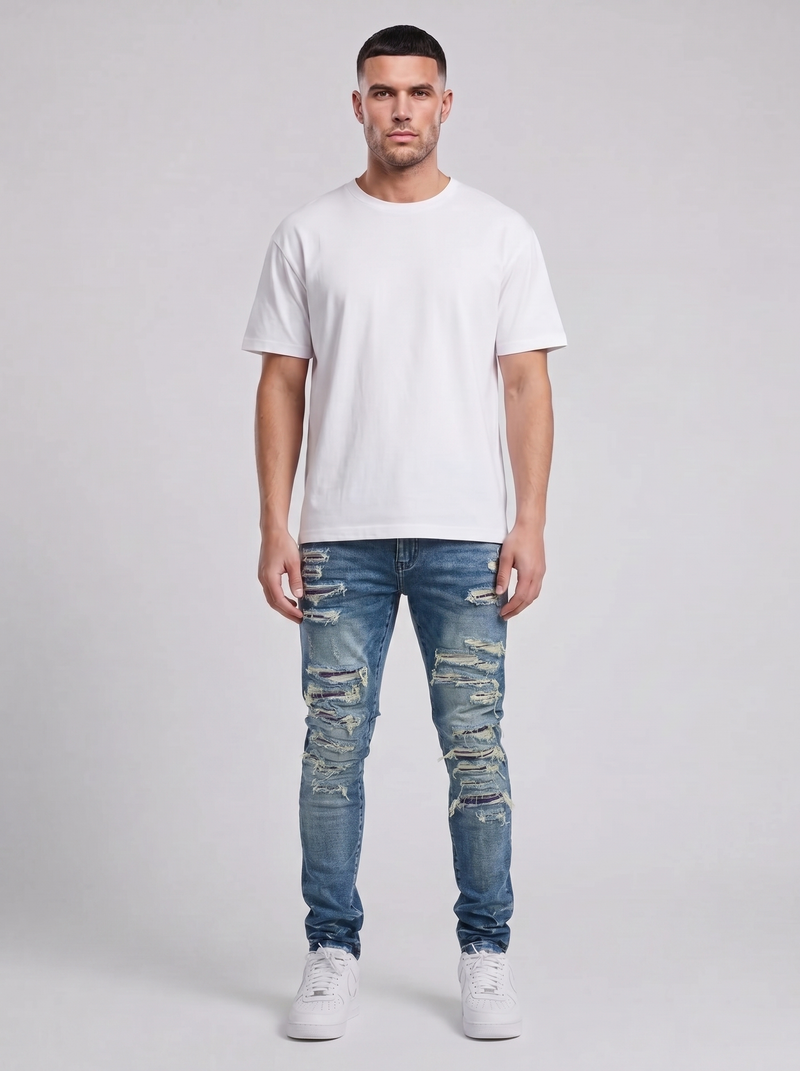 Jeans skinny mi-bleu déchirés lourds Belvedere