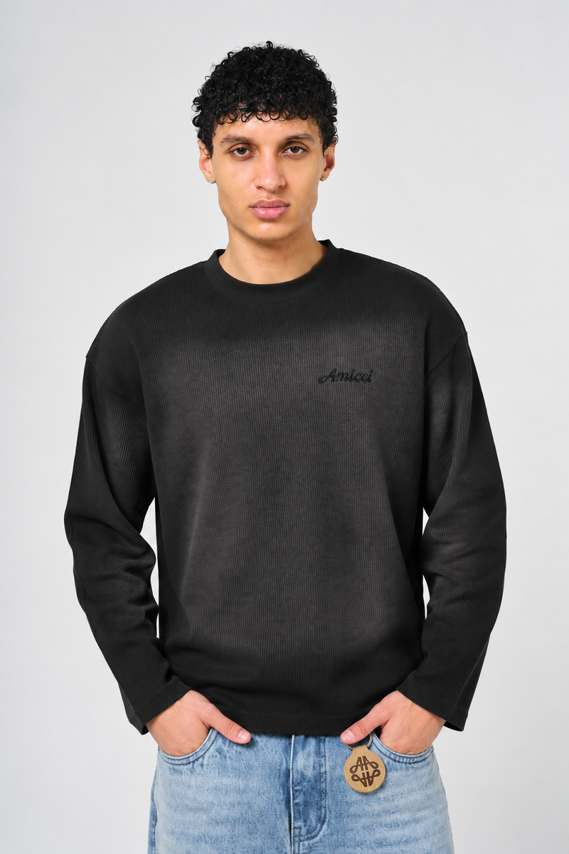 Pandan Black Waffle Long Sleeve T Shirt